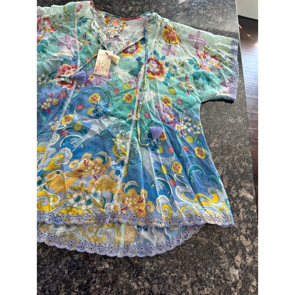 Johnny Was Anji Blouse Altair Floral Tassel V-Neck Top Teal Multi C18726-4 Small - Picture 6 of 13